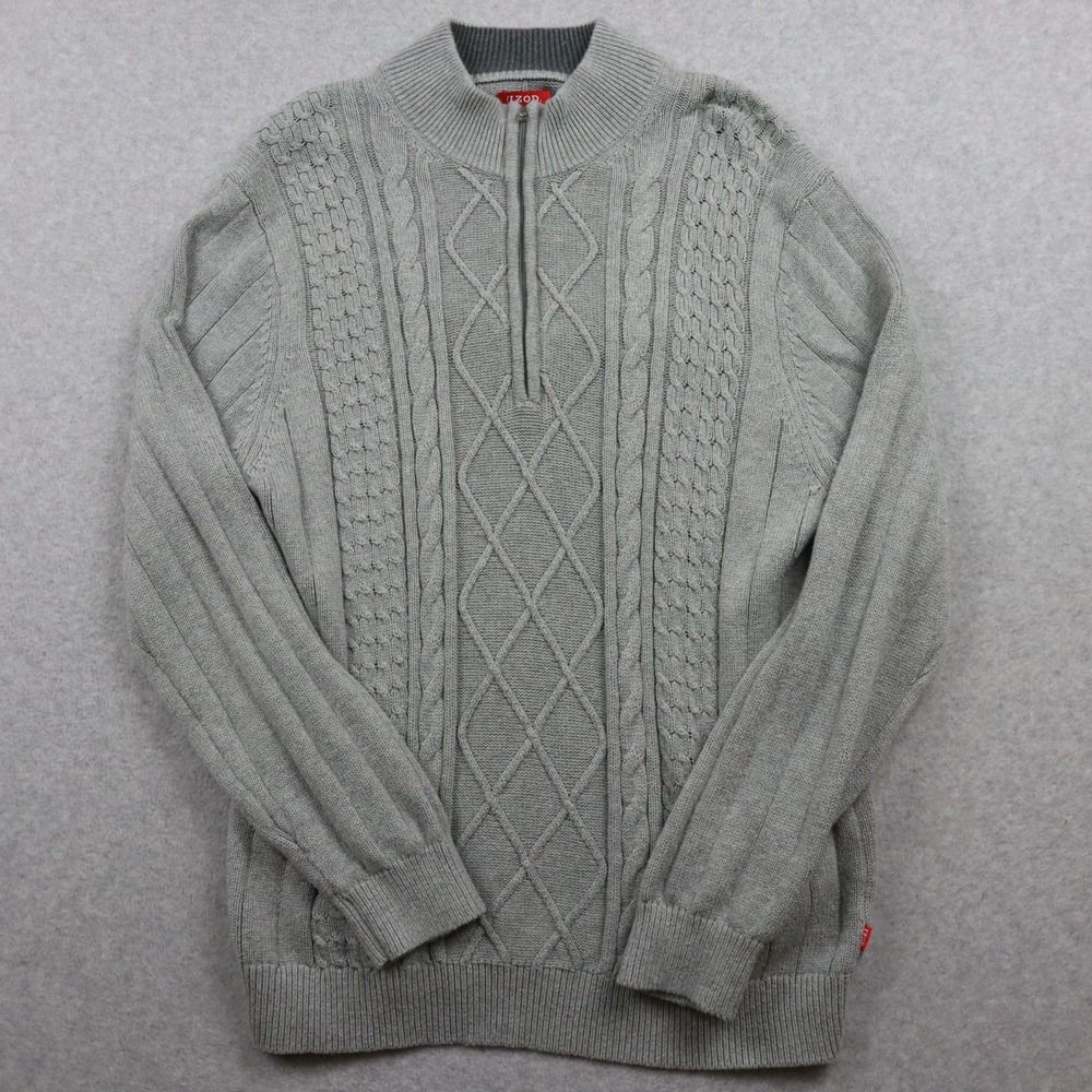 IZOD Sweater Mens XL 1/4 Zip Pullover Cable Knit Mock Neck Gray Long Sleeve